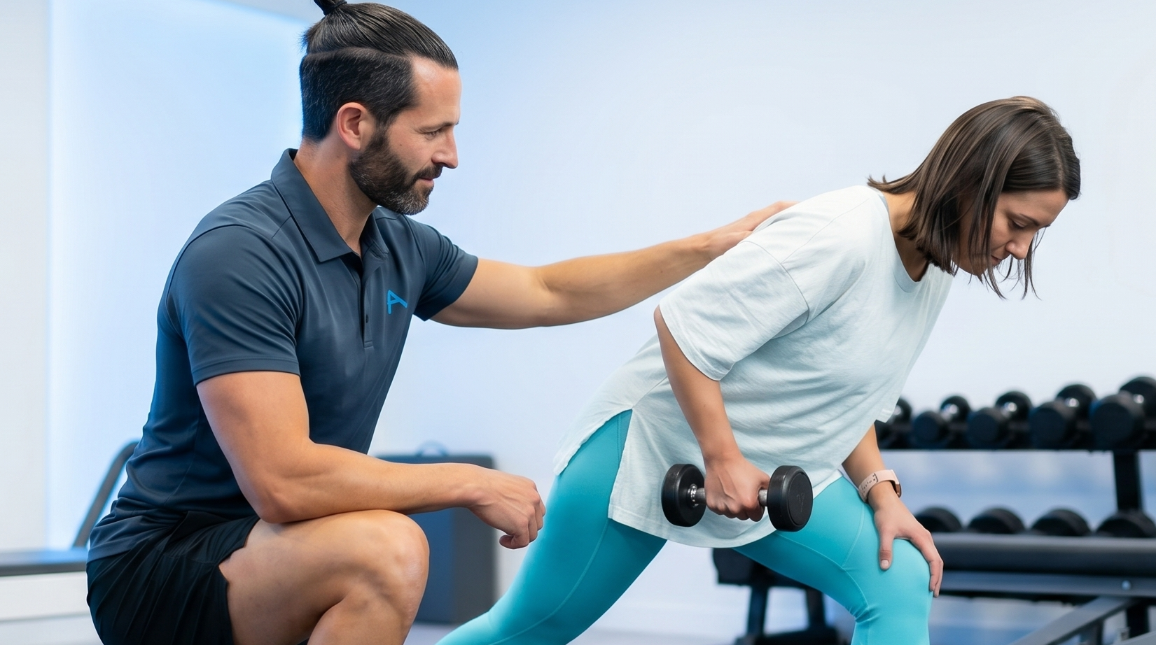 Especialista en readaptación de hernia discal Alex Gil supervisando ejercicio de fortalecimiento lumbar en clínica de fisioterapia deportiva.