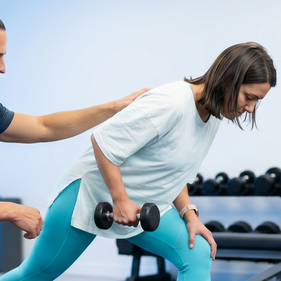 Hernia Discal Especialista en readaptación de hernia discal Alex Gil supervisando ejercicio de fortalecimiento lumbar en clínica de fisioterapia deportiva.